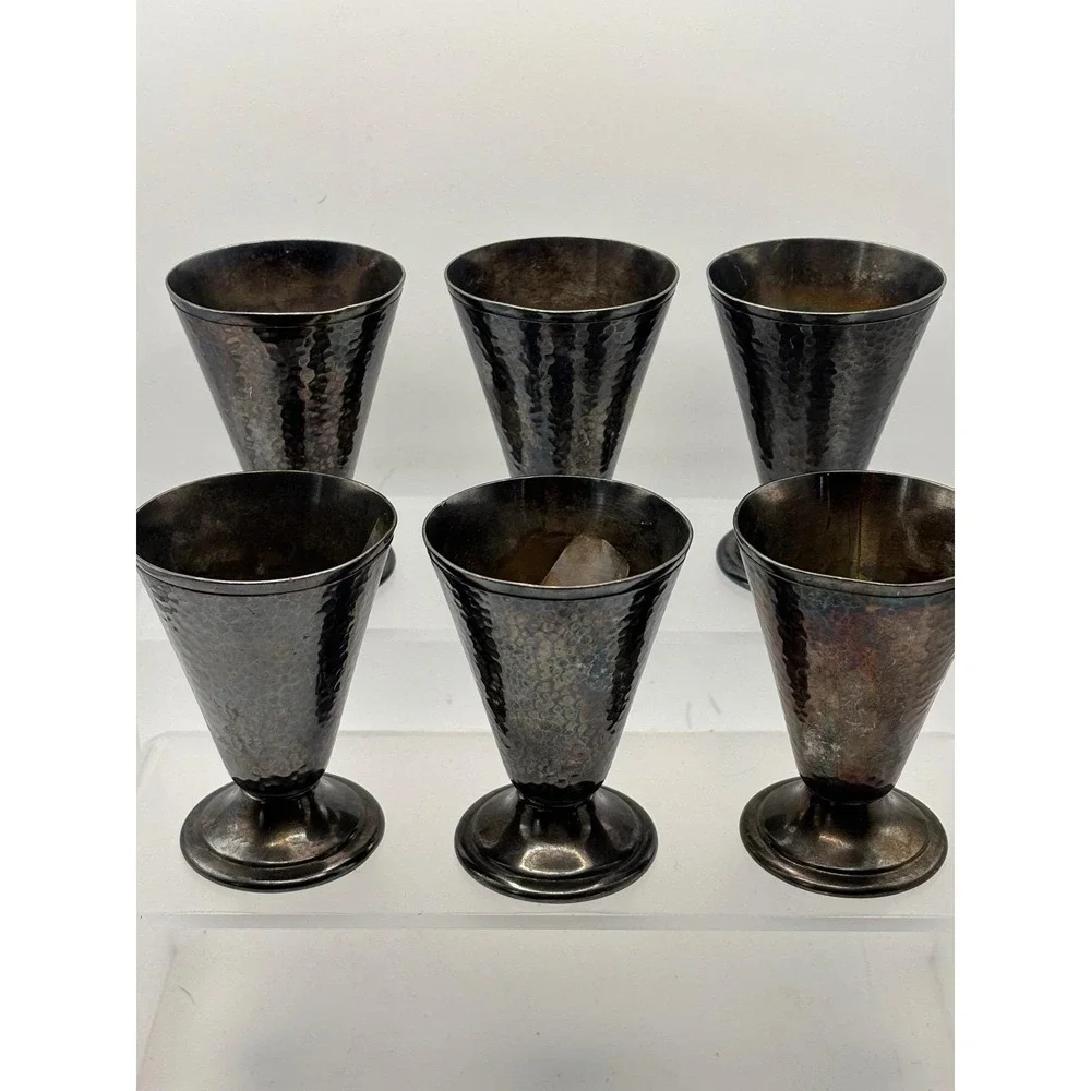 Set of 6 Reed & Barton 12 Hammered‎ Silver Plate Cordial Goblets Glasses Vintage